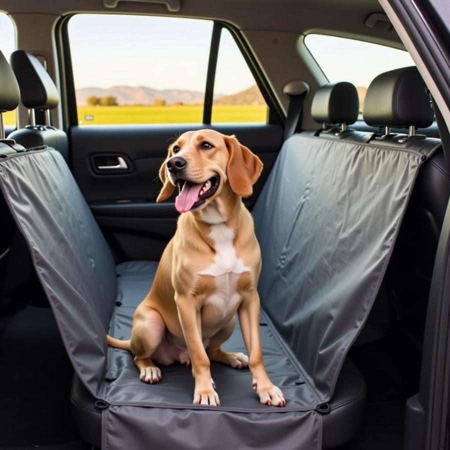 A dog comfortably enjoying a car ride with a seat protector