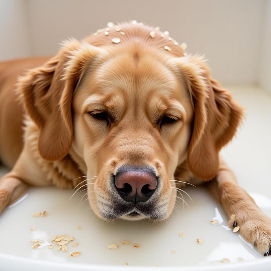 Golden Retriever Relaxing in Oatmeal Bath