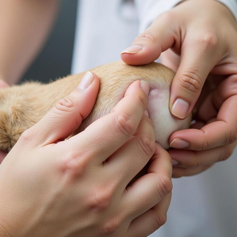 A veterinarian examining a fatty tumor on a dog