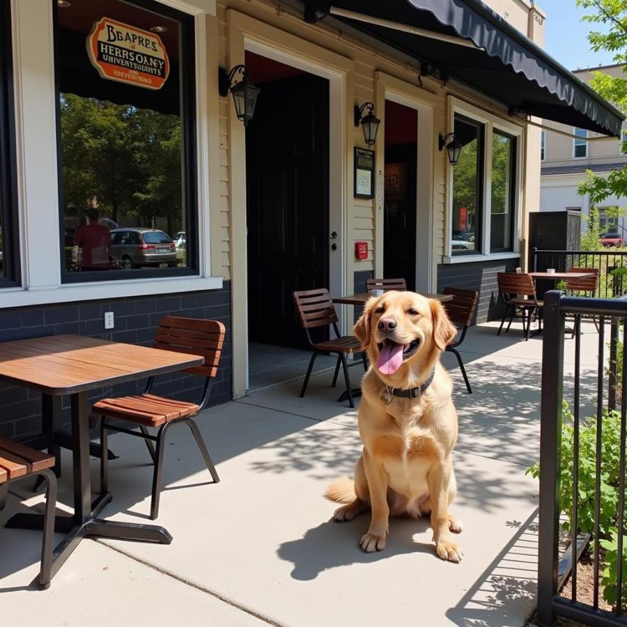 Outdoor patio of a dog-friendly restaurant with a water bowl for dogs