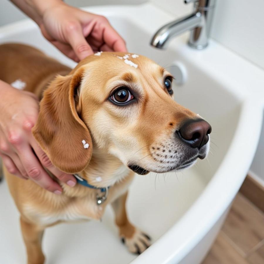 Dog getting an oatmeal bath