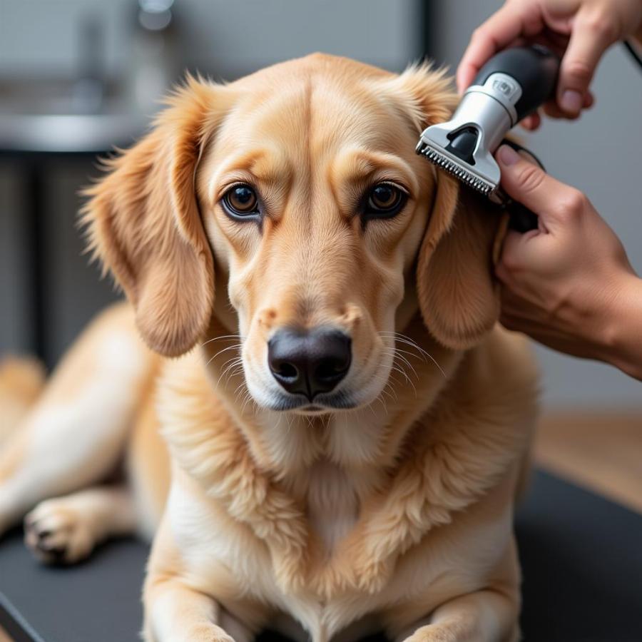 A dog getting groomed with clippers