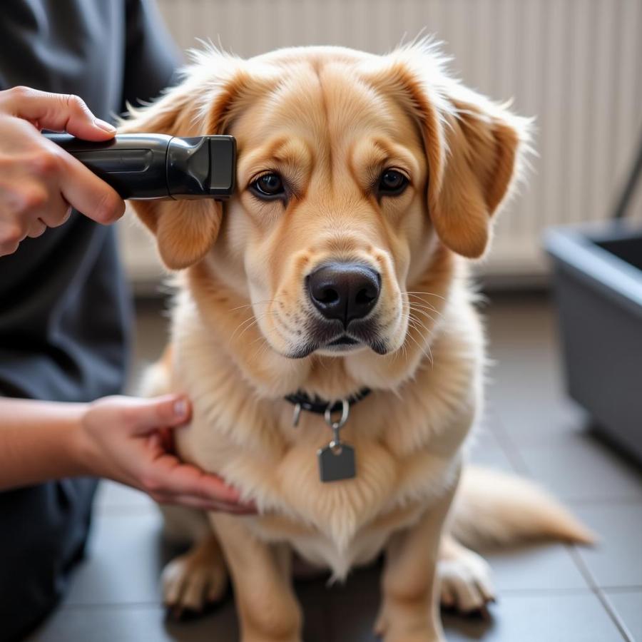 A happy dog being groomed at home by their owner.