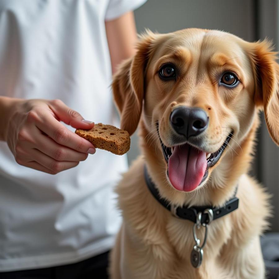 Dog groomer using treats for positive reinforcement