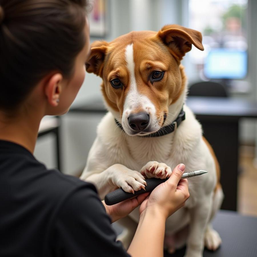 Dog getting its nails trimmed at a groomer in Royal Oak