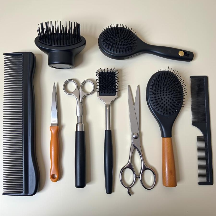 An assortment of dog grooming tools arranged neatly on a table