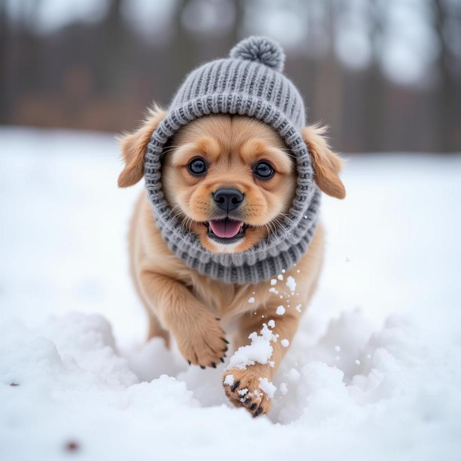 Small dog wearing a warm head cover in the snow