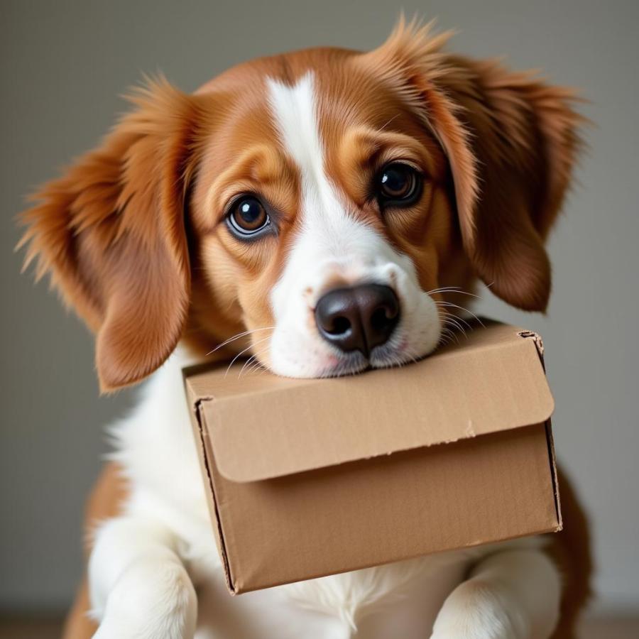 Dog Holding Cardboard Box in Mouth