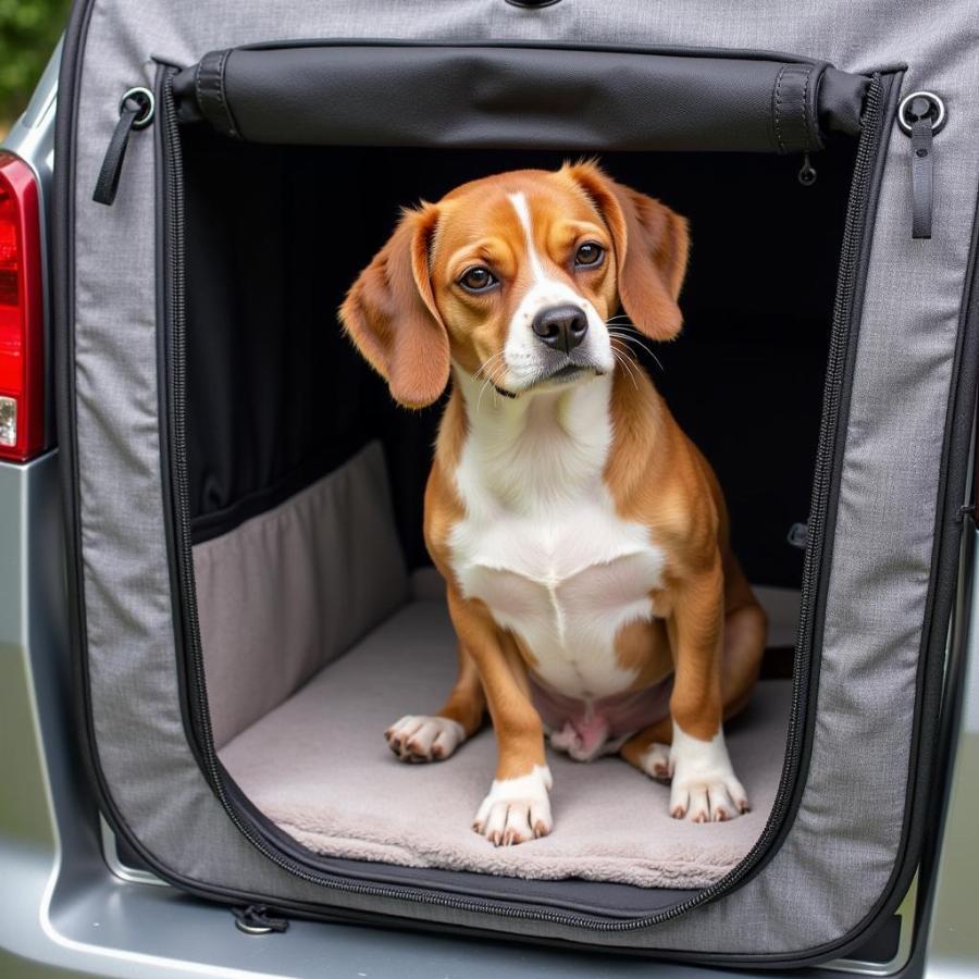 Dog comfortably resting in an airline-approved crate