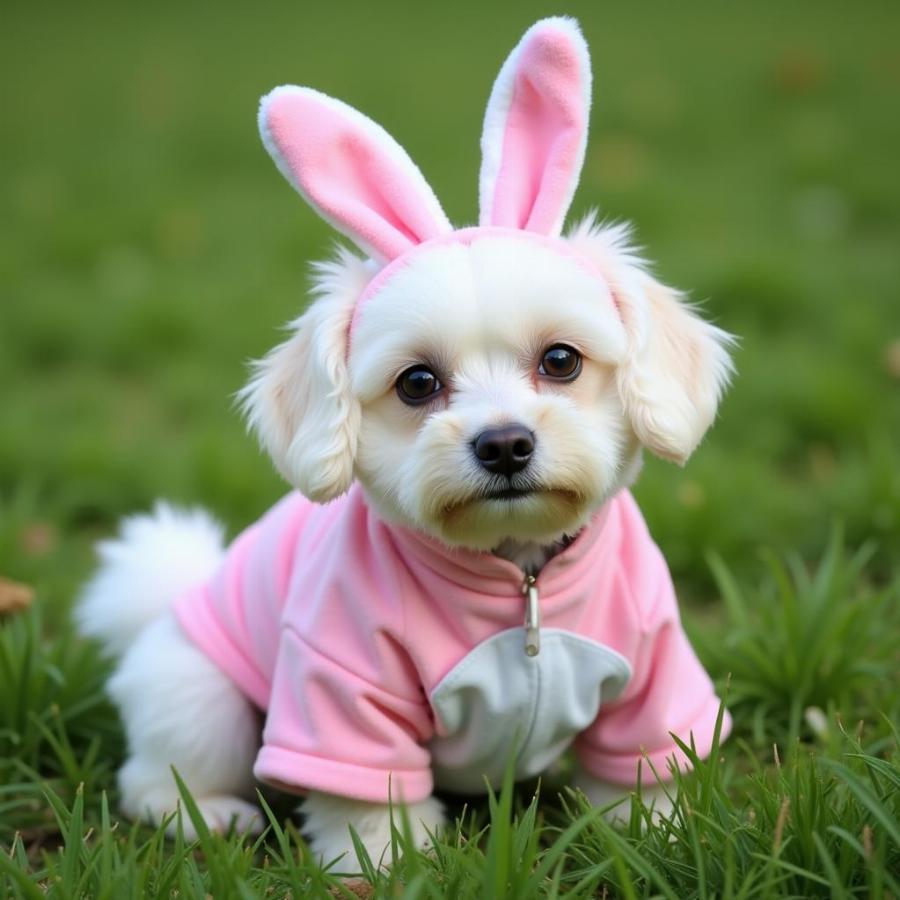 Adorable Dog in a Bunny Outfit Sitting in Grass