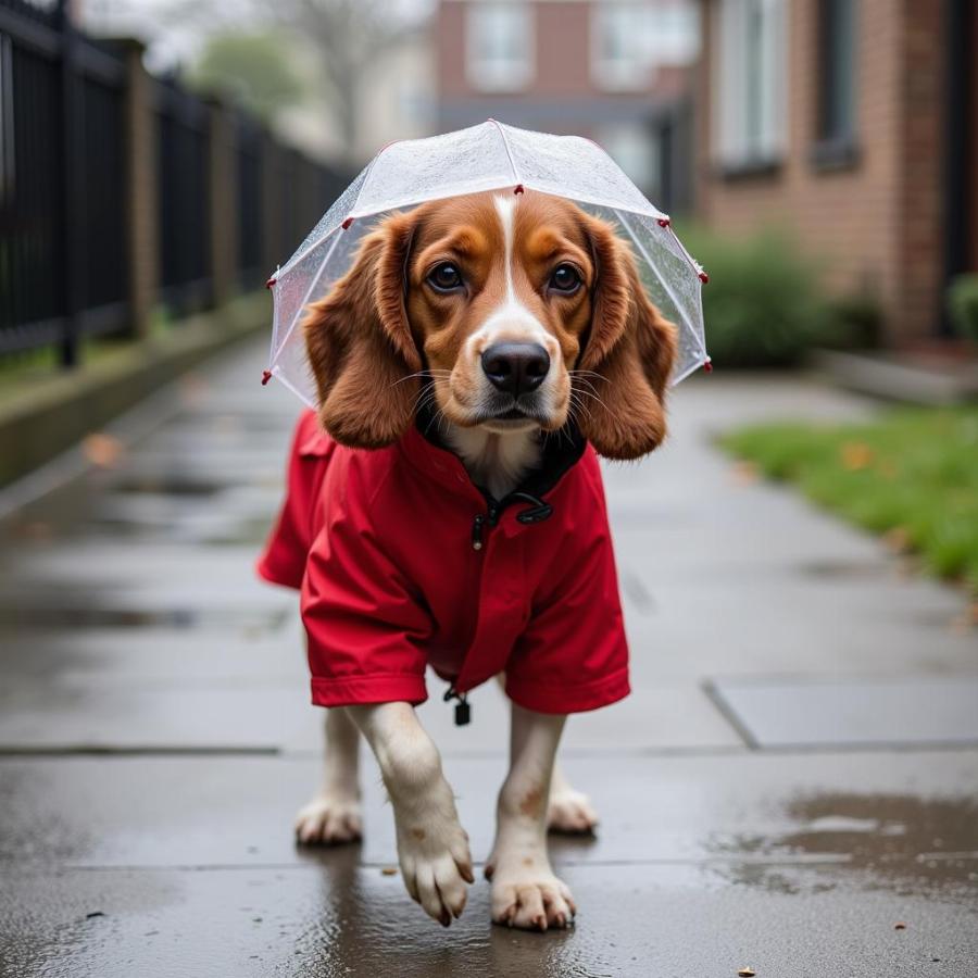 Dog in Rain with Umbrella Hat