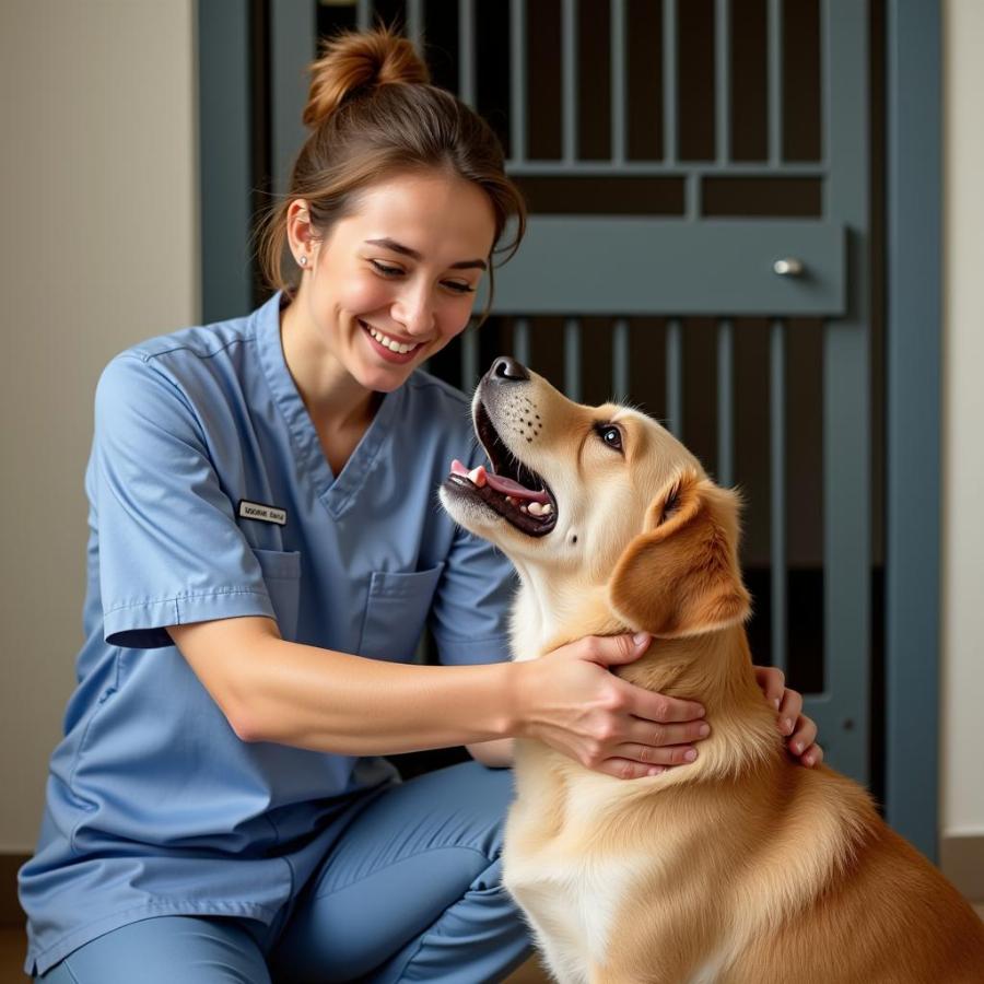 Caring Dog Kennel Staff Member Interacting with a Dog