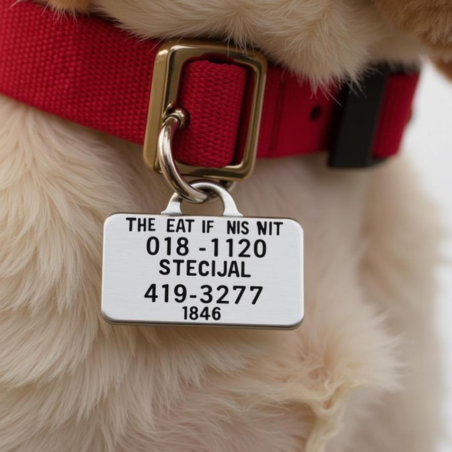 Close-up of a dog license tag on a collar