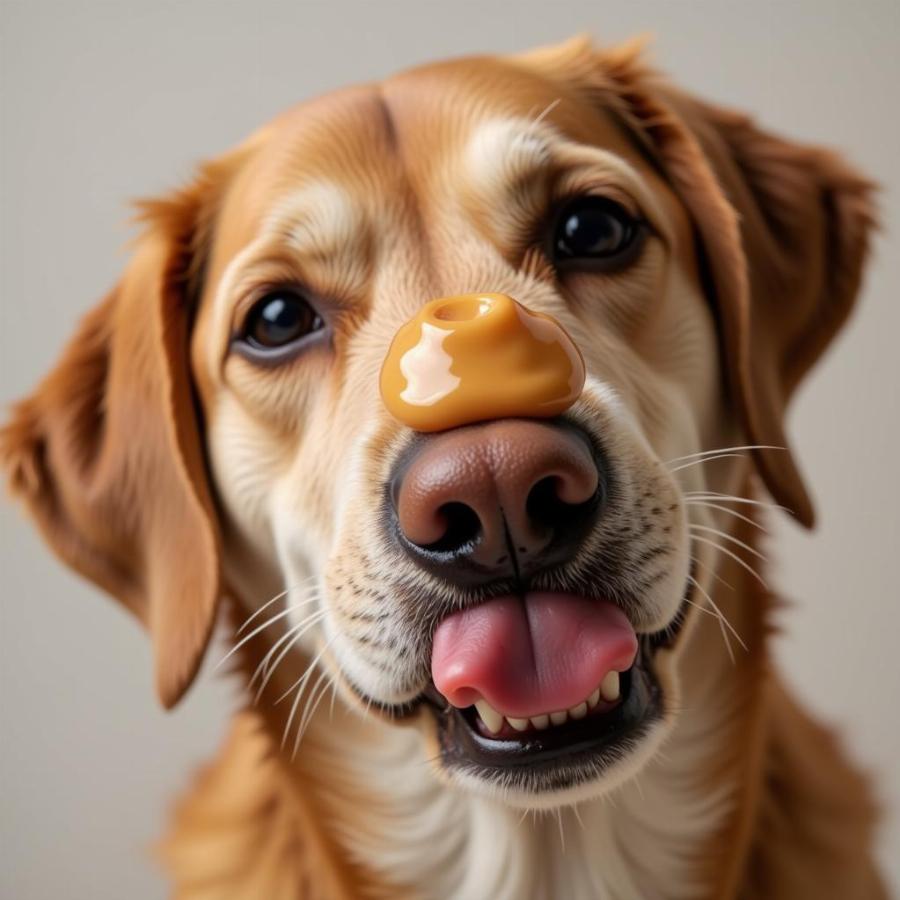 Dog licking peanut butter bubbles