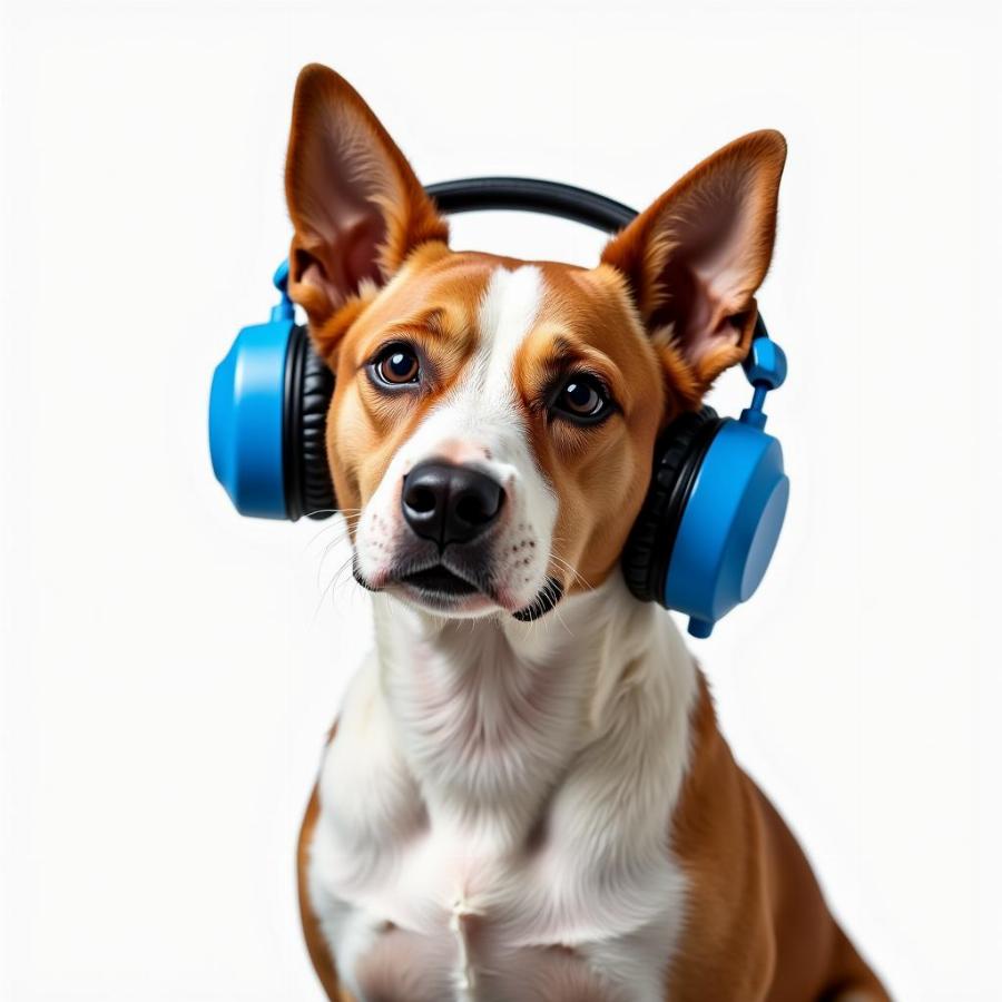 A dog wearing headphones listening to music