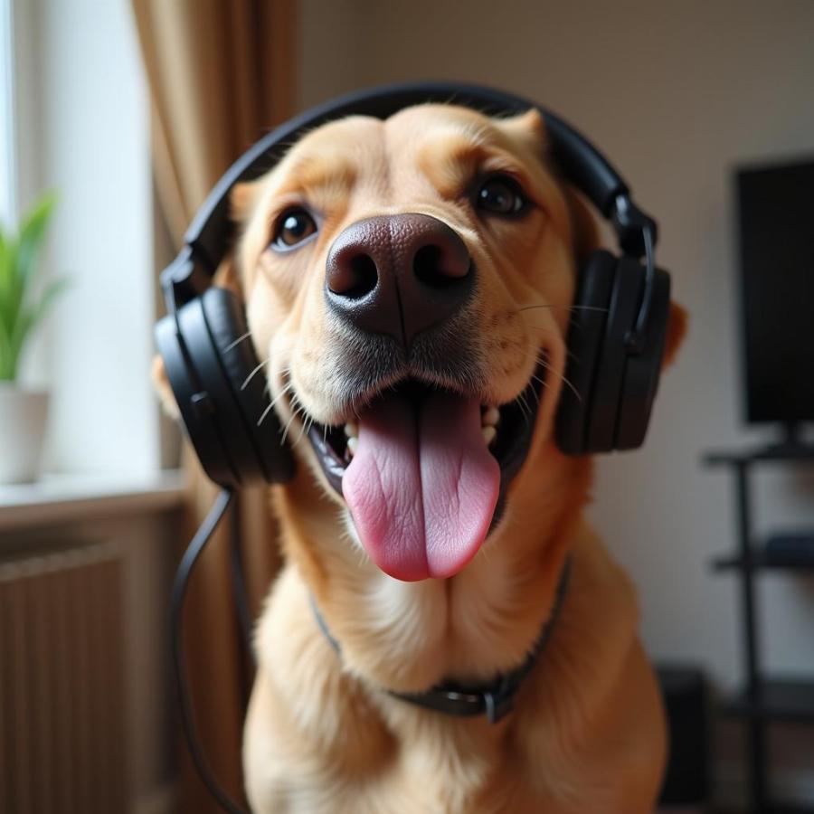 A happy dog wearing headphones