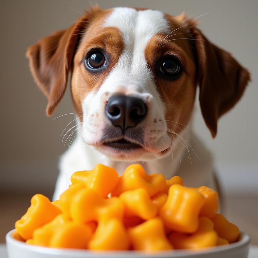 Dog looking longingly at a bowl of cheese curls