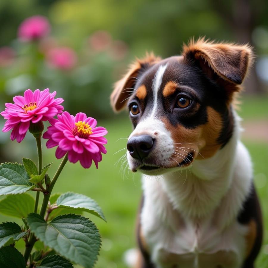 Dog Looking Curiously at a Lantana Plant