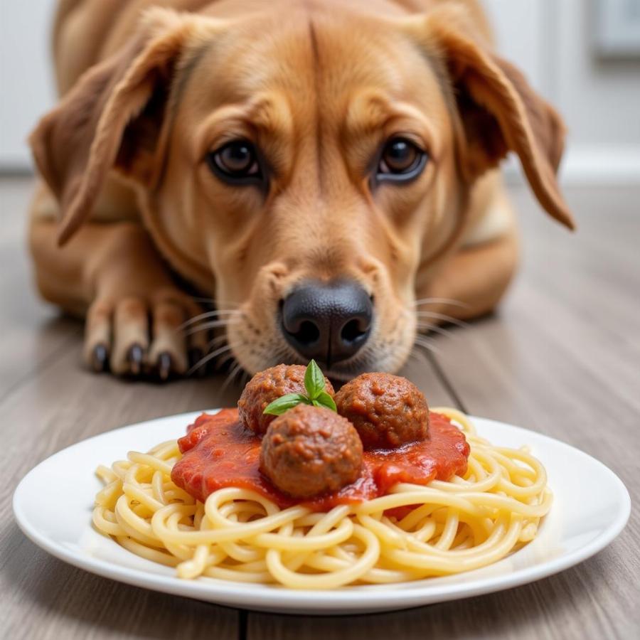 Dog eyeing a plate of spaghetti and meatballs