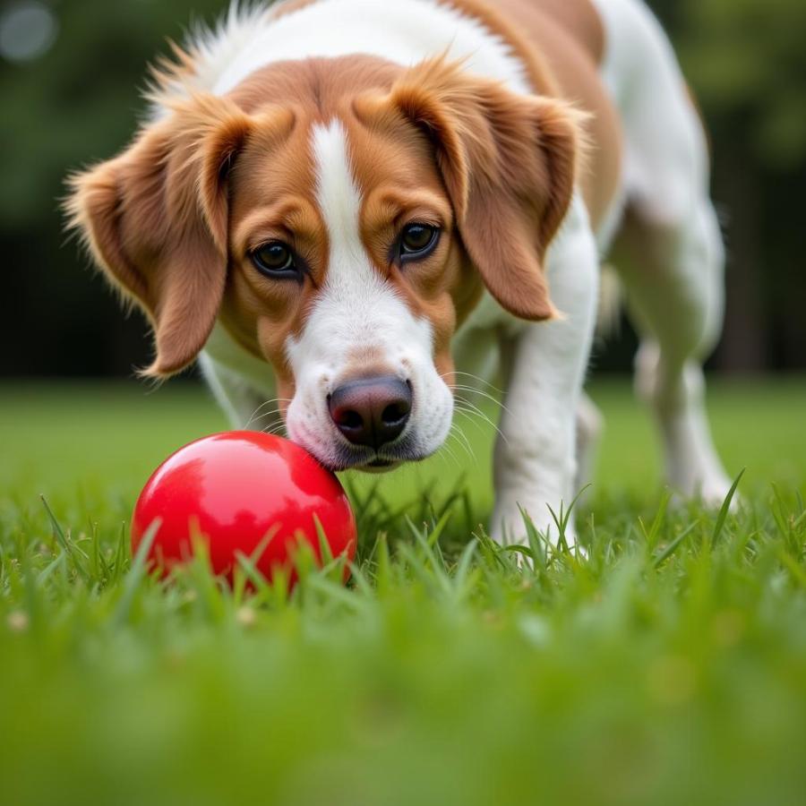 Dog looking at a red ball