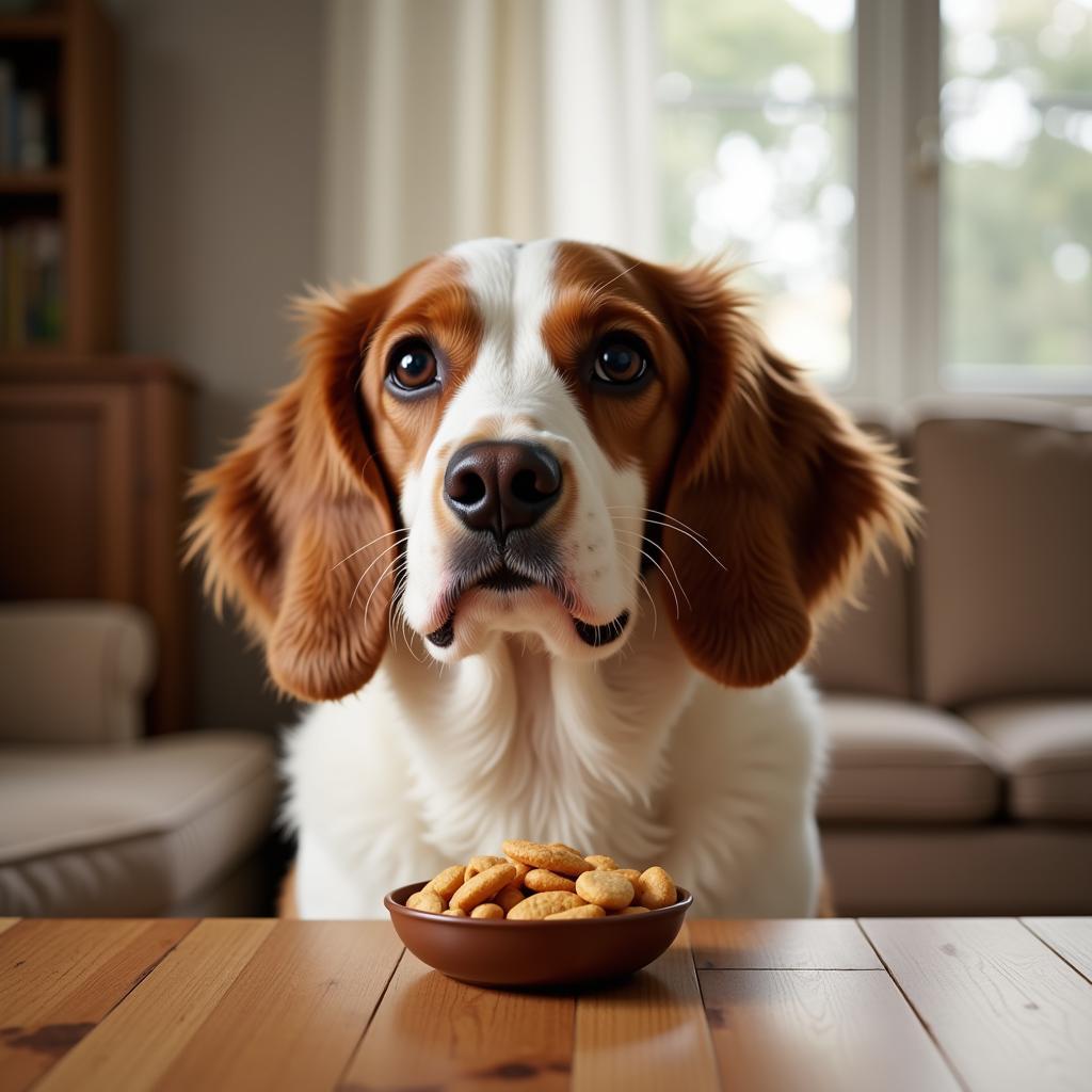 Dog looking longingly at food