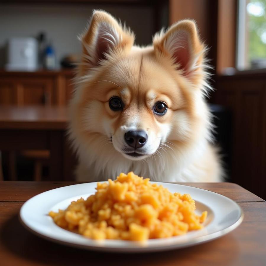 Dog looking longingly at a plate of food