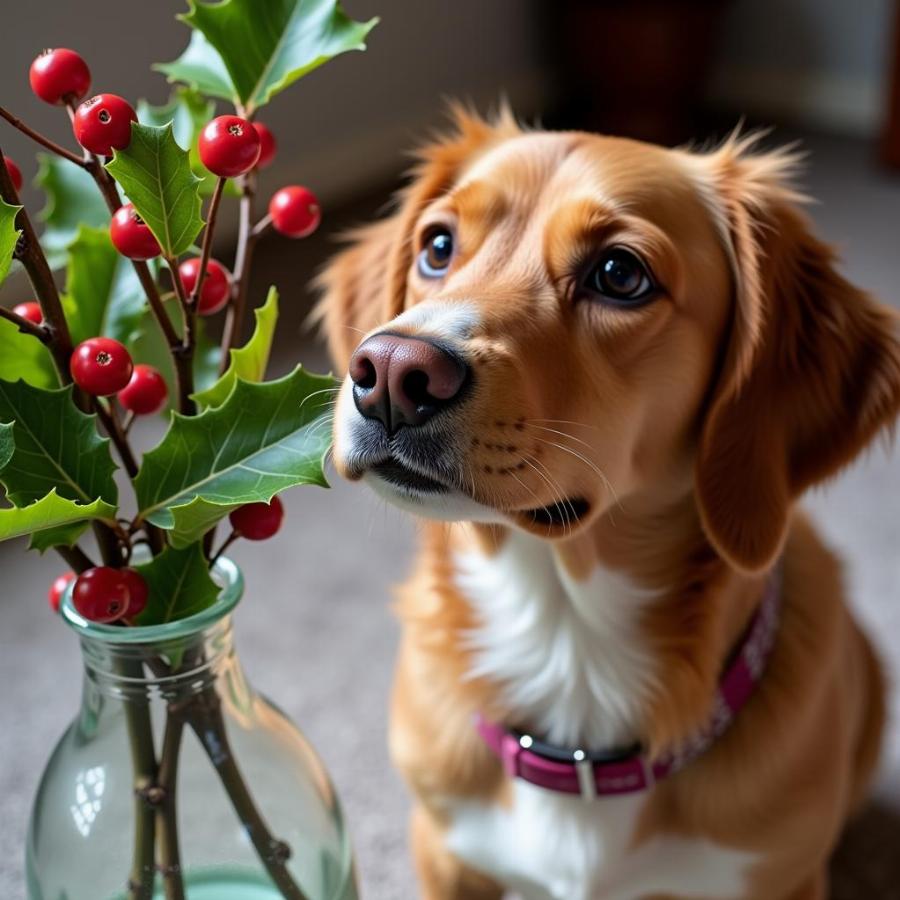 Dog Eyeing Holly Decorations