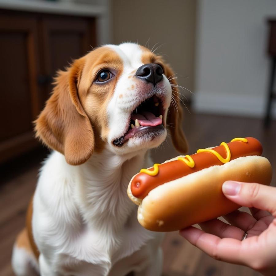 Dog looking longingly at a hot dog