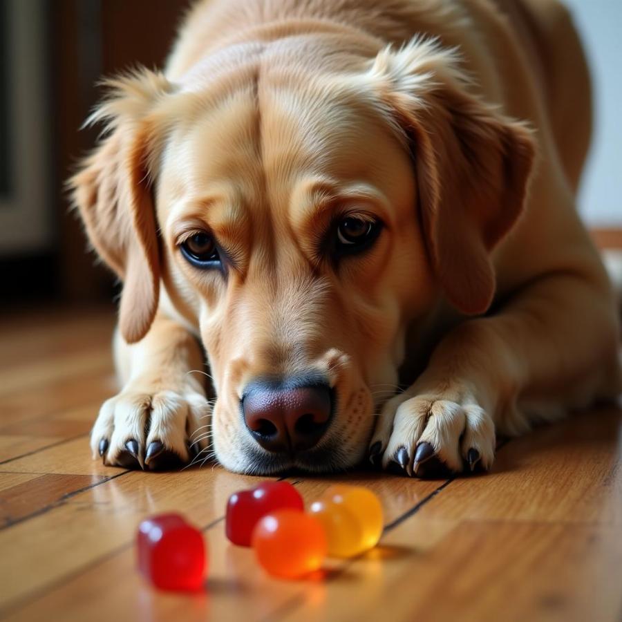 Dog Looking Sad Near Gummy Bears on Floor