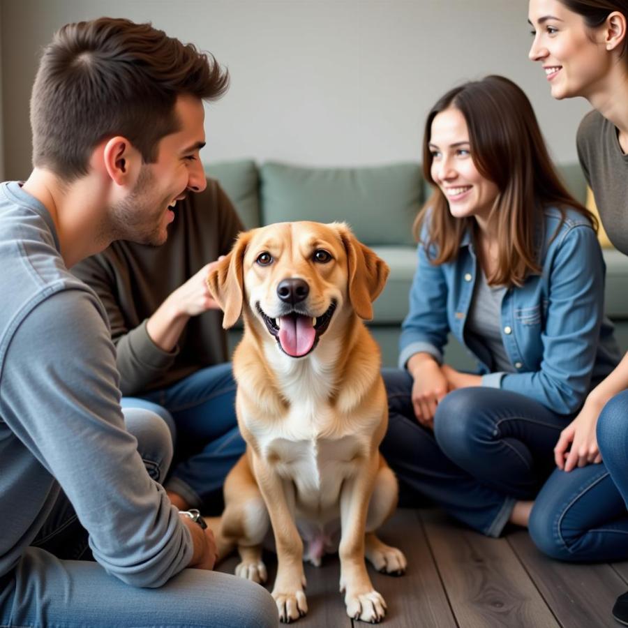 A family meeting a dog at a shelter