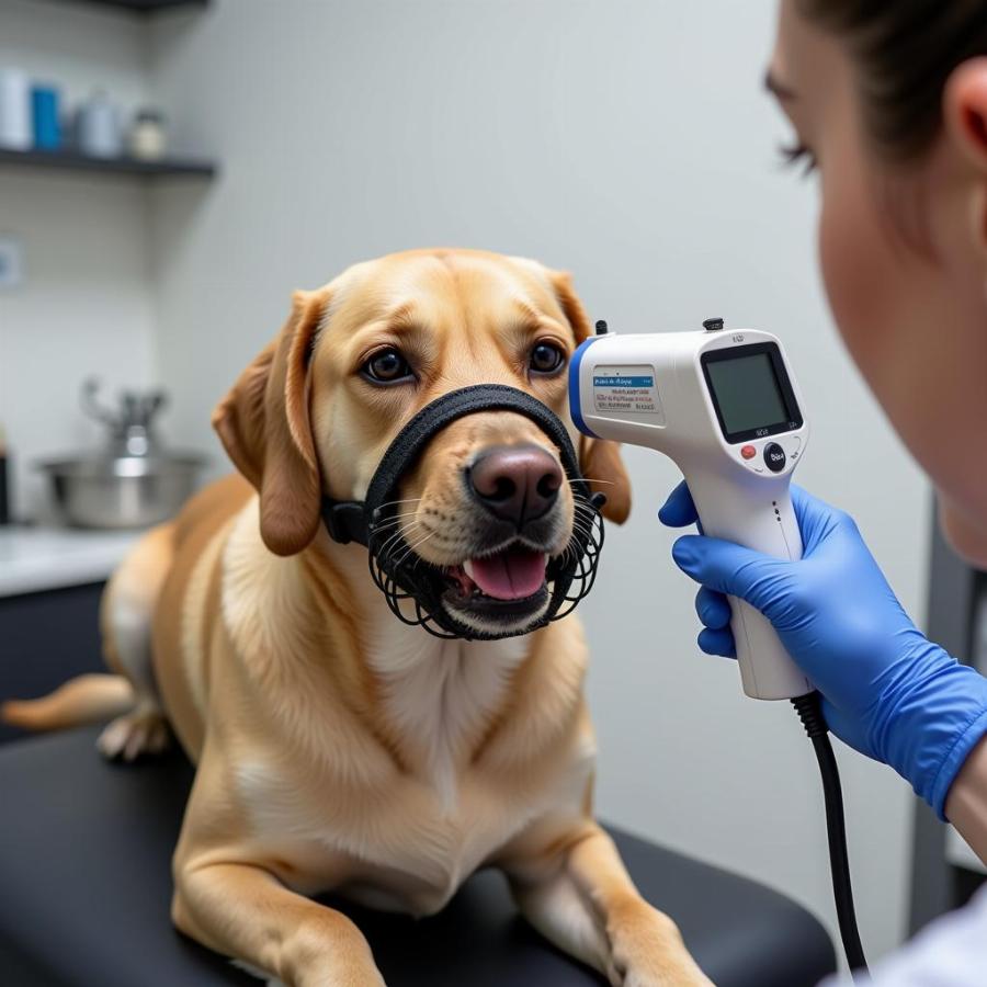 Dog wearing a muzzle at the vet