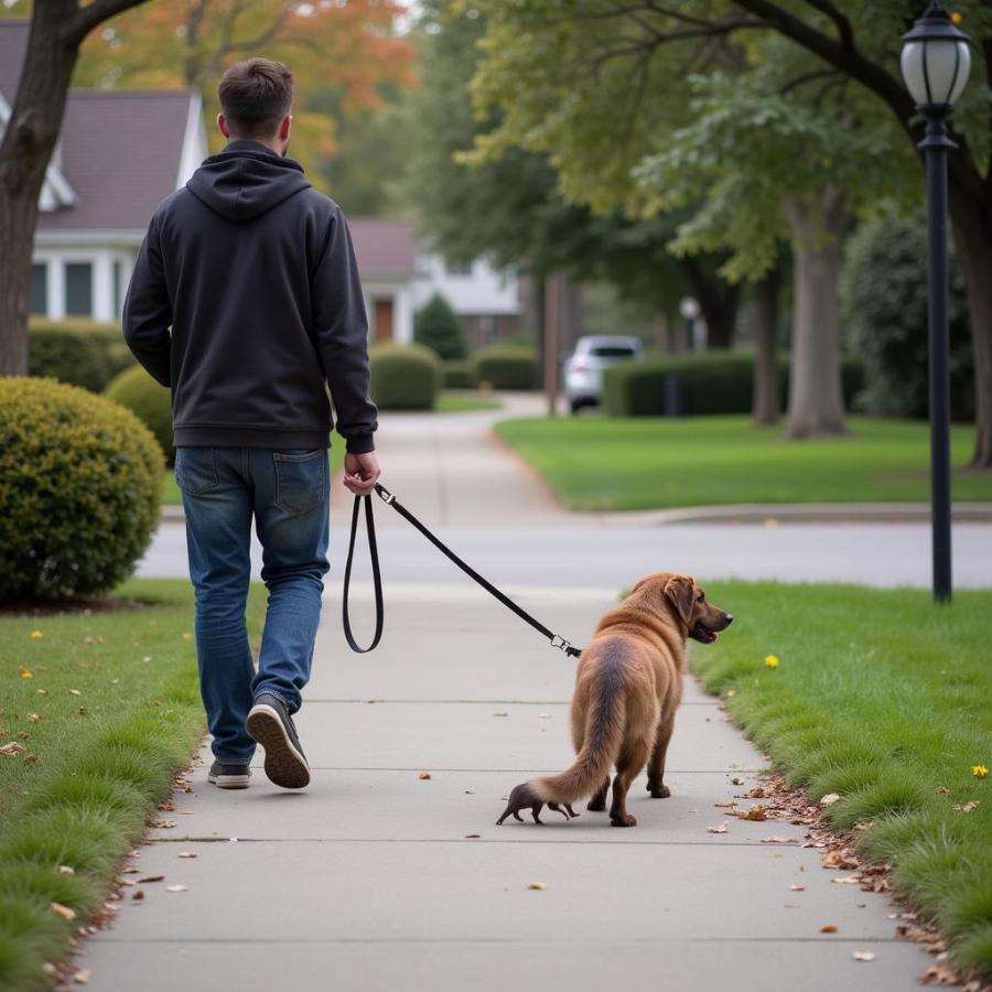 Dog on a Leash Walking Past an Opossum