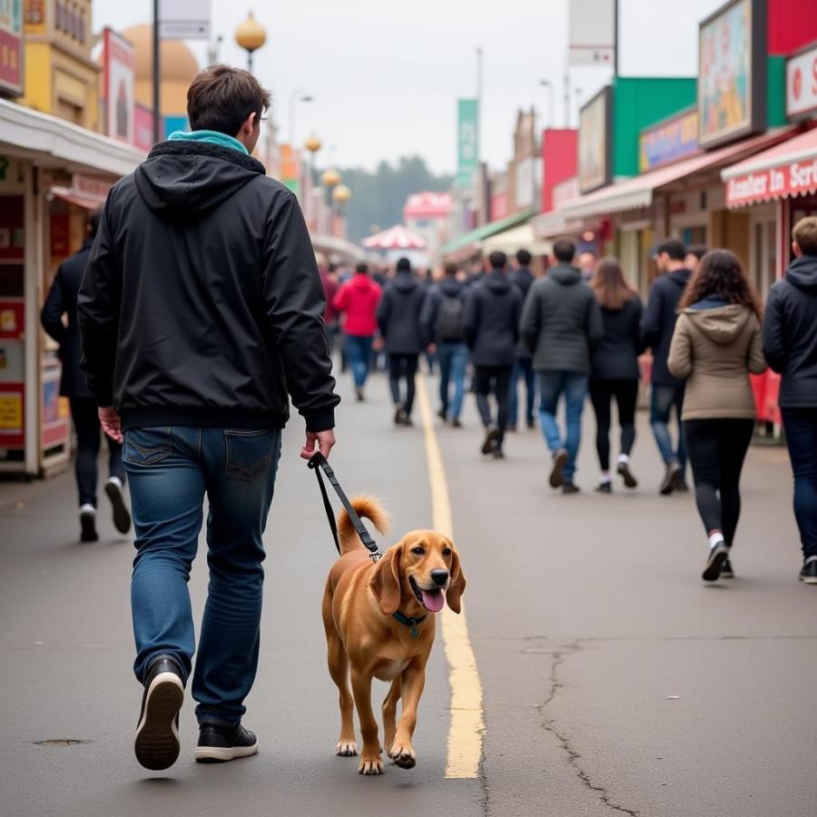 Dog on a Leash with its Owner at a Crowded Fair