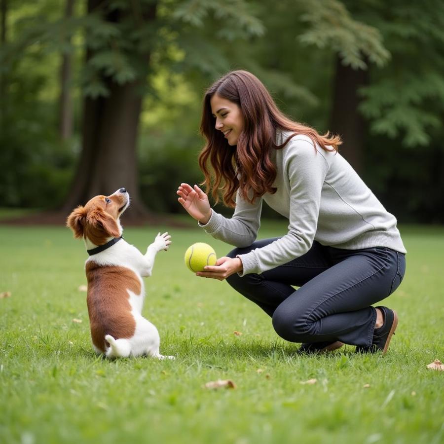 Dog owner playing fetch with their dog in the backyard.