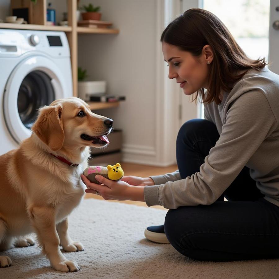 Dog owner putting booties on dog