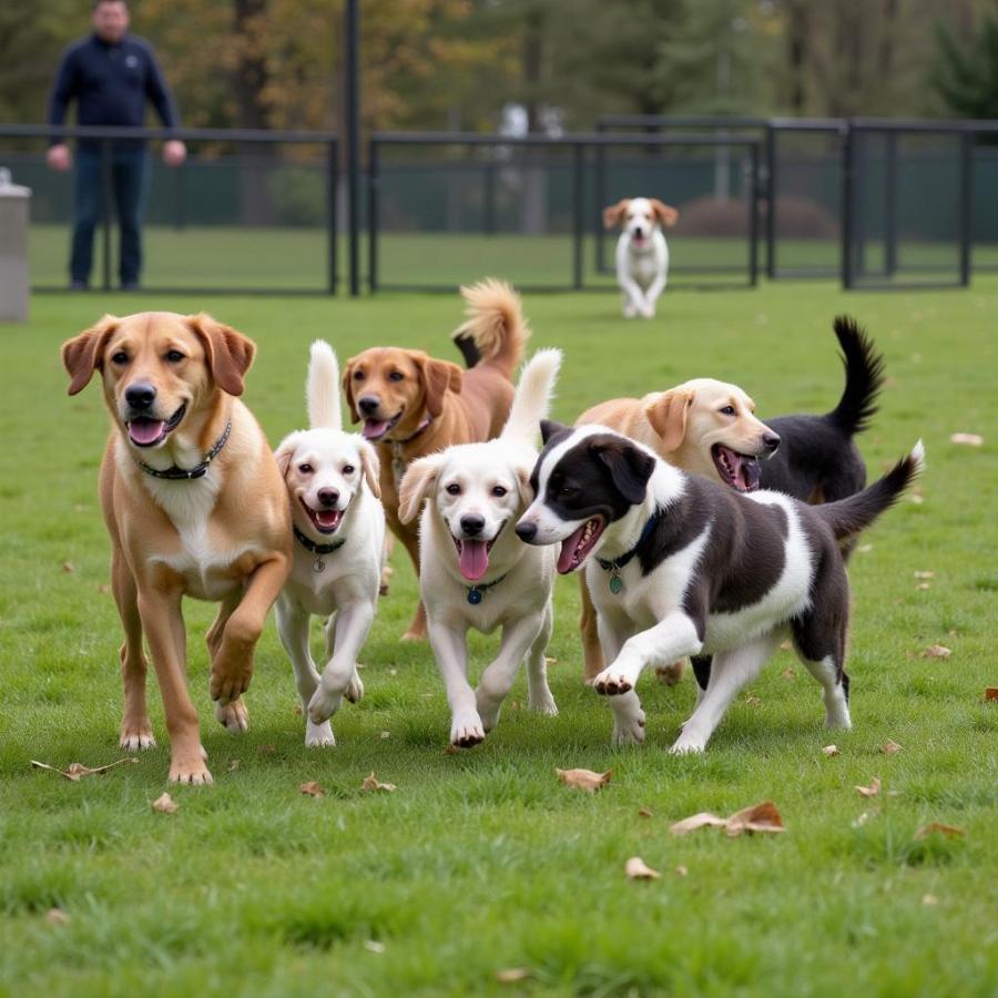 Dogs playing at a dog park