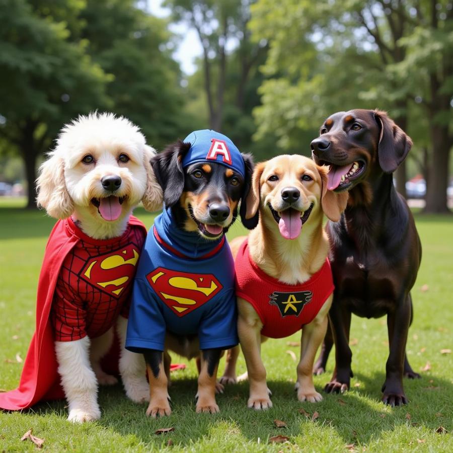 Group of dogs dressed up as superheroes at a dog park