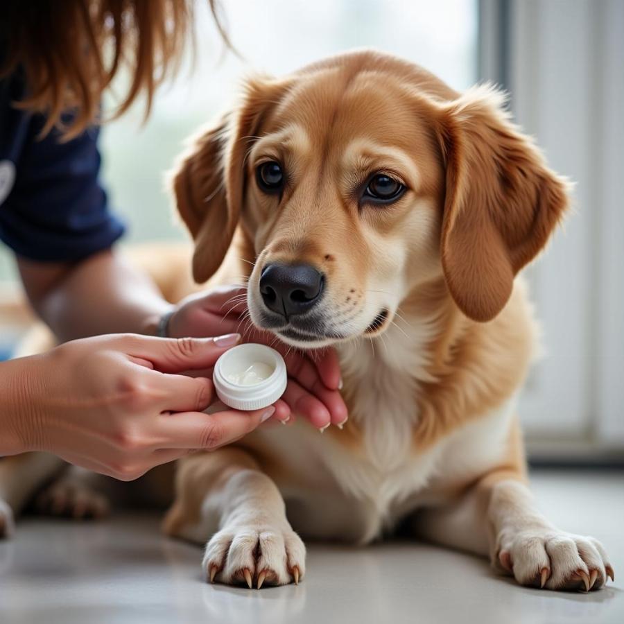 Applying ointment to a dog's burned paw