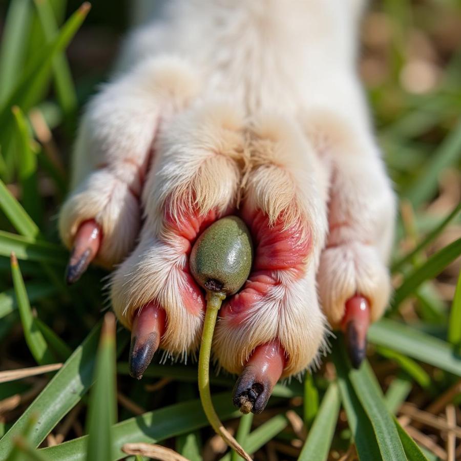 Dog paw with a grass seed embedded