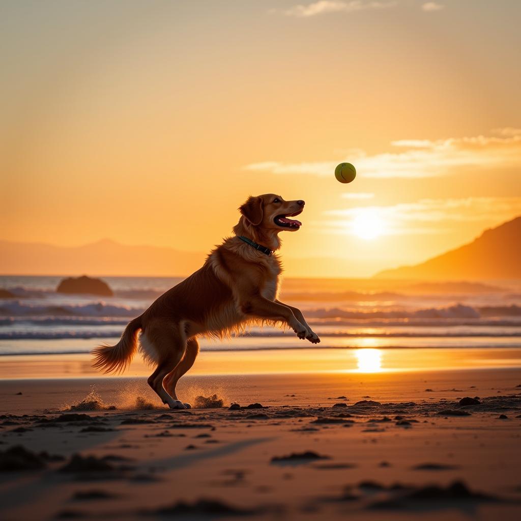 Golden Retriever playing fetch on the beach