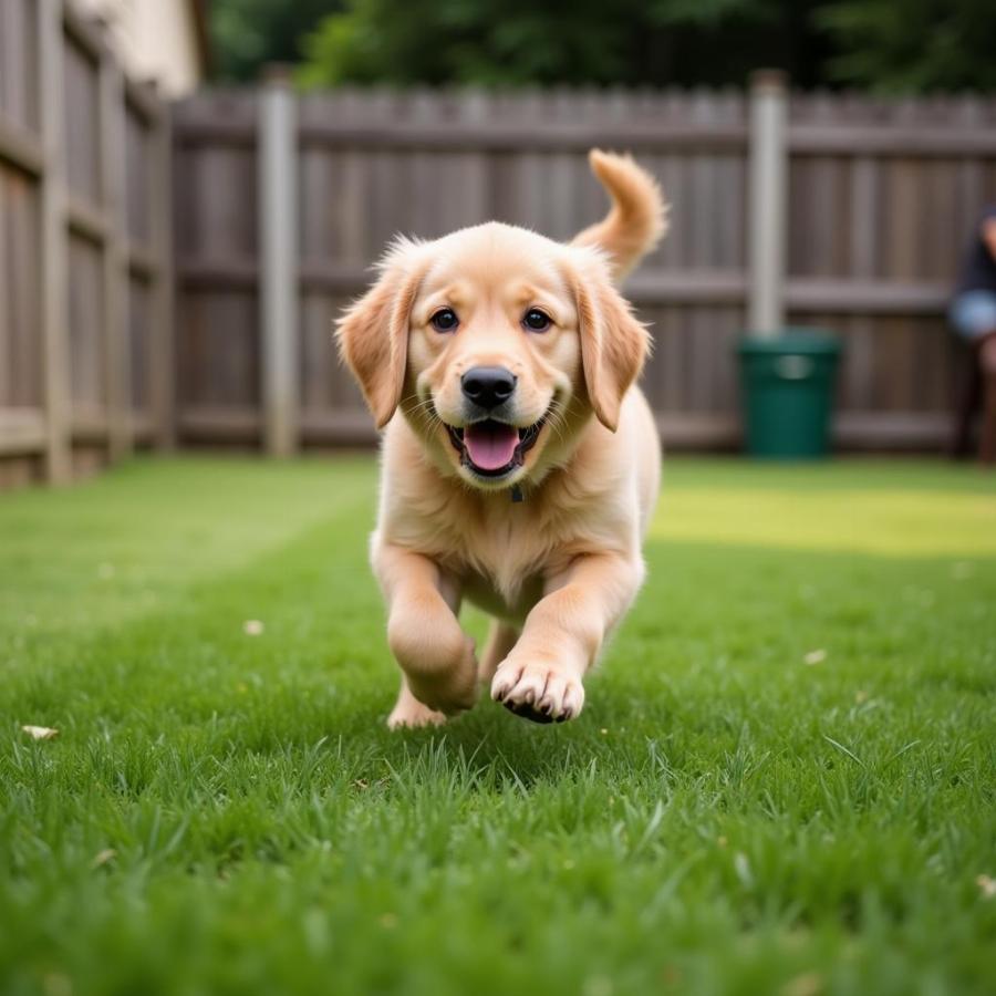 Dog playing in a fenced yard