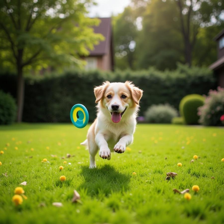 Dog playing fetch on a lush green lawn