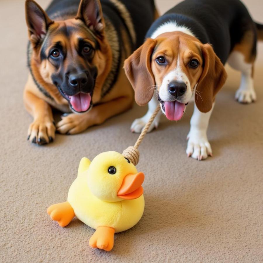 Two dogs, a German Shepherd and a Beagle, playfully tugging on a rope duck toy.