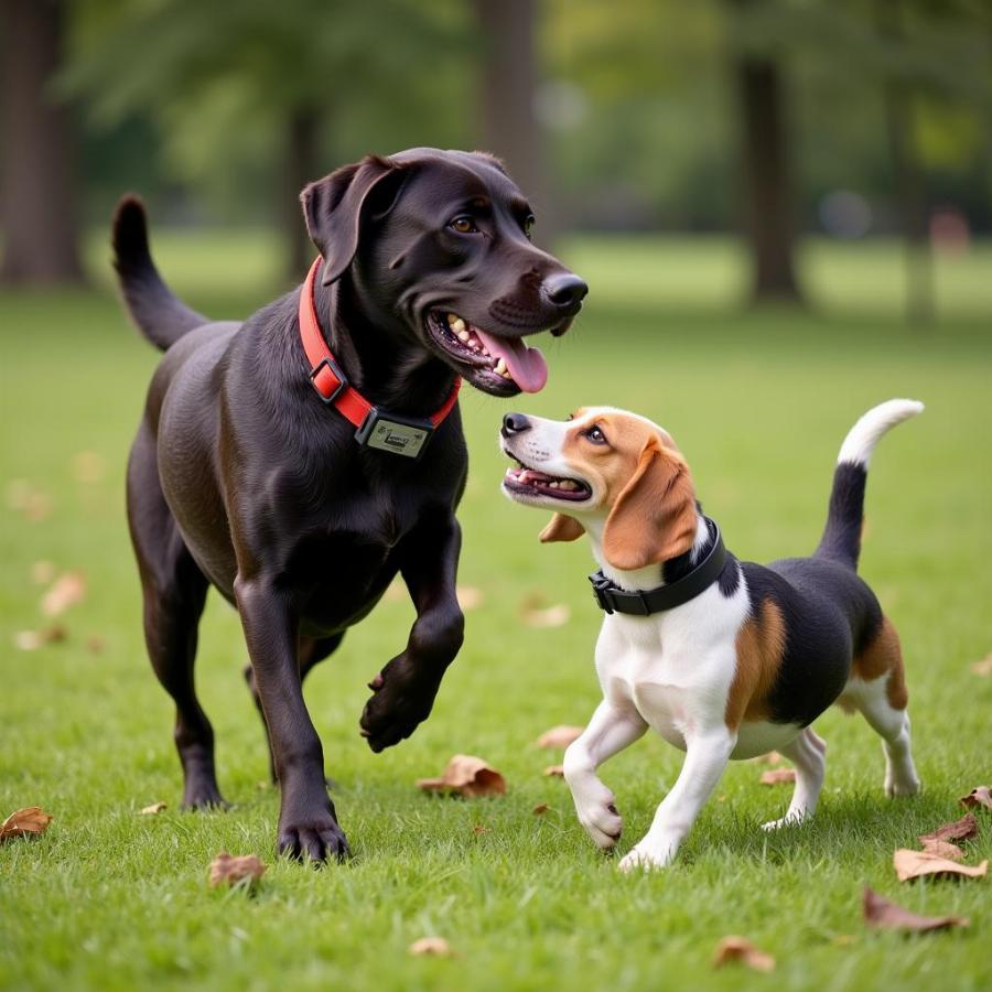 Dog playing with another dog while wearing a collar camera