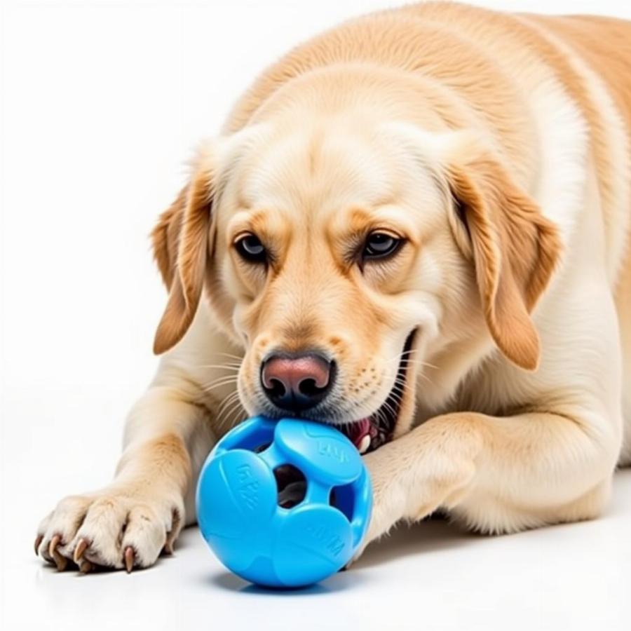 Golden Retriever playing with a blue squeaker ball