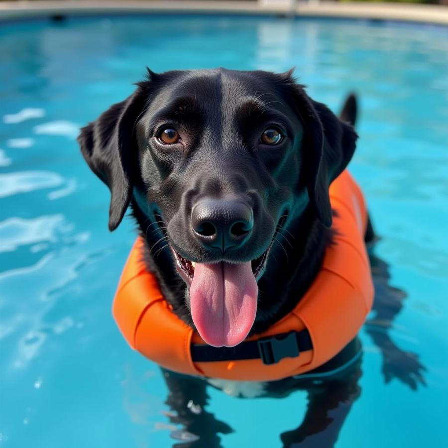 Dog Wearing a Life Jacket in a Pool