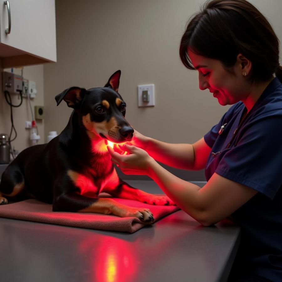 Dog receiving red light therapy with a veterinarian