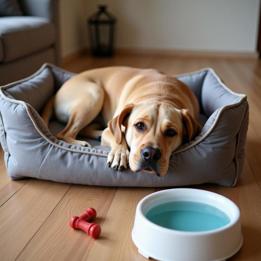 Dog resting comfortably at home after recovering from an illness