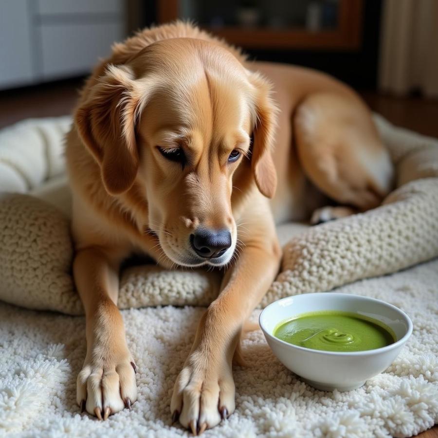 Dog recovering from illness with a smoothie