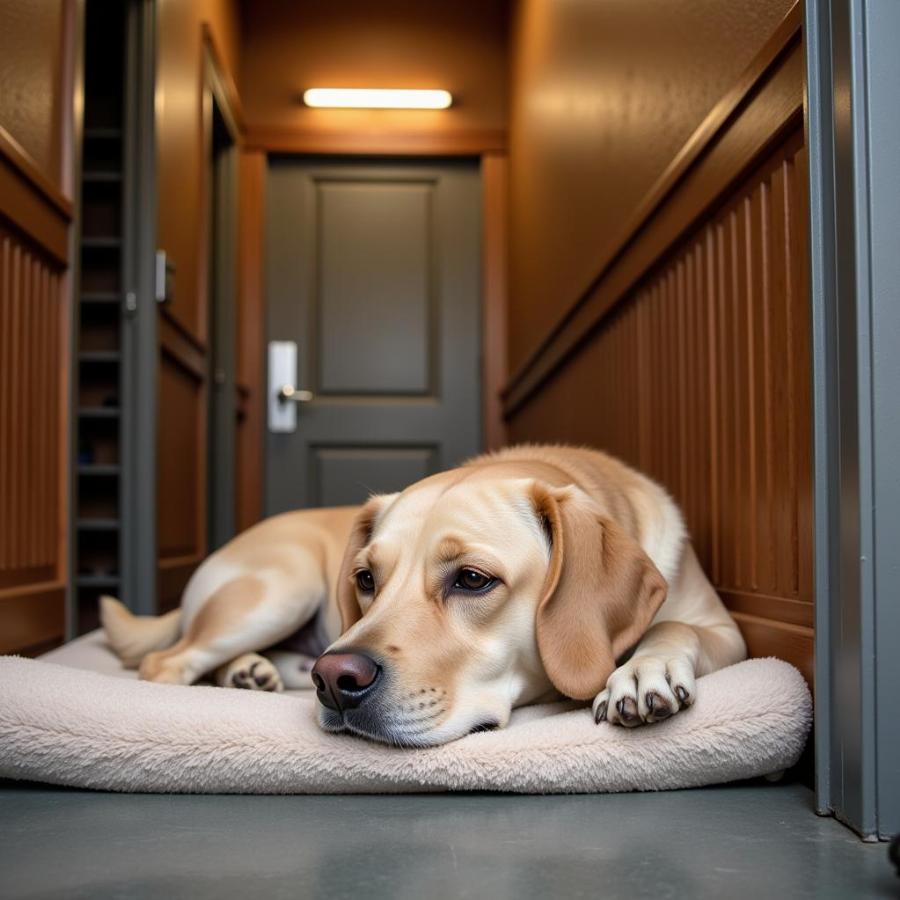 Dog resting comfortably in a kennel